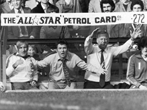 Images Dated 23rd October 1977: Nottingham Forest manager Brian Clough animated on the bench with Peter Taylor October