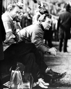 Nottingham Forest manager Brian Clough on the bench 3 December 1986 Nottingham Forest manager Brian Clough on the bench 3 December 1986