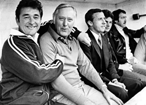 Nottingham Forest manager Brian clough hugs assistance manager Peter Taylor with Frank Nottingham Forest manager Brian clough hugs assistance manager Peter Taylor with Frank