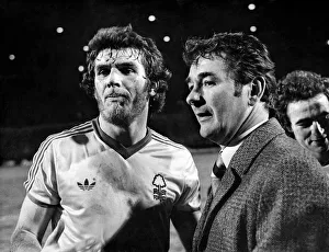 Nottingham Forest manager Brian Clough with his triker Peter Withe after game Nottingham Forest manager Brian Clough with his triker Peter Withe after game