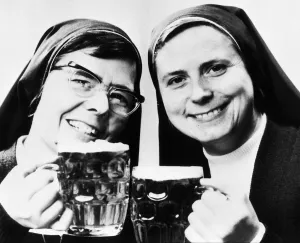 Nuns Sisters Elizabeth and Joan with pints of beer 1976 Nuns Sisters Elizabeth and Joan with pints of beer 1976