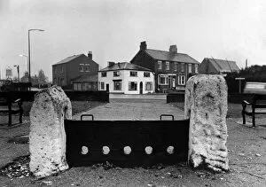 The old stocks in Cronton, Knowsley, Merseyside. December 1971