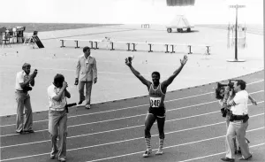 Olympic Games 1976 Haseley Crawfird of Trinidad acknowledges the cheers of Olympic Games 1976 Haseley Crawfird of Trinidad acknowledges the cheers of