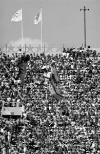 Olympic Games 1984 Los Angeles USA The Opening Ceremony - man arrives in Olympic Games 1984 Los Angeles USA The Opening Ceremony - man arrives in