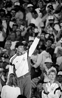Images Dated 11th August 1984: Olympic Games 1984 Los Angeles USA Sebastain Coe celebrates on the podium after