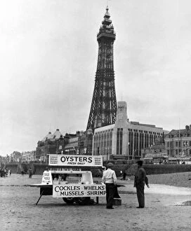 Images Dated 6th October 2007: An Oyster stall selling shell fish on the beach in front of the iconic Blackpool Tower