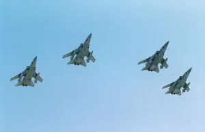 Panavia Tornado F3 planes of RAF 5 Squadron fly over their air base in formation in Panavia Tornado F3 planes of RAF 5 Squadron fly over their air base in formation in