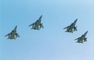 Four Panavia Tornado F3 of RAF 5 Sqd Sept 90 fly over their air base in formation Four Panavia Tornado F3 of RAF 5 Sqd Sept 90 fly over their air base in formation