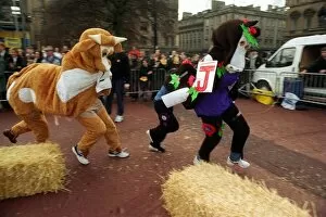 Images Dated 6th December 1996: Pantomime horse race at George Square Glasgow with Grant Stott and John Leslie