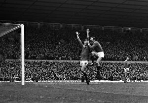 Pat Crerand celebrates with Brian Kidd after third goal 1970 for Manchester United
