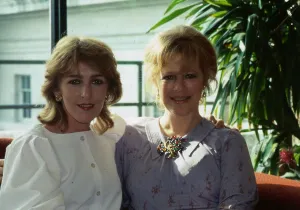 Patricia Hodge actress January 1989 White blouse sitting with Lady Antonia Fraser Patricia Hodge actress January 1989 White blouse sitting with Lady Antonia Fraser