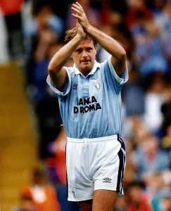 Images Dated 2nd August 1993: Paul Gascoigne of Italian club Lazio acknowledges the applause of the fans aduring