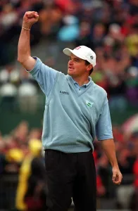 Paul Lawrie celebrates on the 18th Green July 1999 at the British Open Golf Paul Lawrie celebrates on the 18th Green July 1999 at the British Open Golf