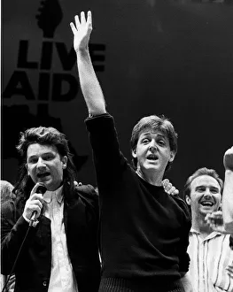 Paul McCartney with Bono of U2 at Wembley Live Aid July 1985 Paul McCartney with Bono of U2 at Wembley Live Aid July 1985