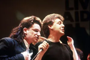 Paul McCartney singer musician and Bono of U2 at the Live aid Concert Wembley Paul McCartney singer musician and Bono of U2 at the Live aid Concert Wembley