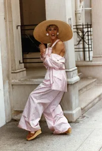 Images Dated 3rd February 1993: Paula Hamilton model wearing a pink and white striped silk jacket and dungarees