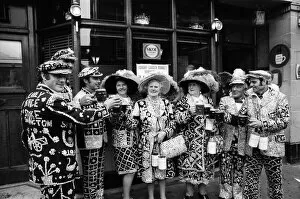 Pearly kings and queens in Covent Garden market, London. 9th May 1970