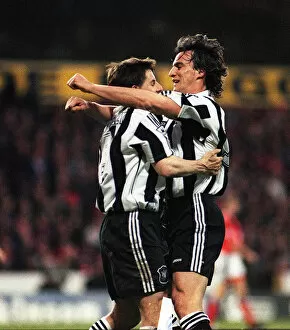 Images Dated 2nd May 1996: Peter Beardsley Newcastle United Football Player is congratulated by teamate David Ginola