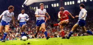 Peter Beardsley scores for Liverpool against Manchester United at Anfield Peter Beardsley scores for Liverpool against Manchester United at Anfield
