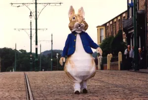 Peter Rabbit, strolls down the main street of Beamish Museum Peter Rabbit, strolls down the main street of Beamish Museum
