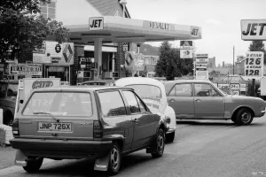Petrol Wars. Cars queue at Jet Petrol station which has cut its price per gallon Petrol Wars. Cars queue at Jet Petrol station which has cut its price per gallon