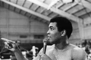 (Picture shows) Muhammad Ali talking to his fans at pre fight press conference for (Picture shows) Muhammad Ali talking to his fans at pre fight press conference for