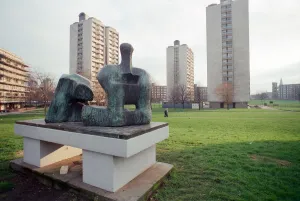 Two Piece Reclining Figure No 3 sculpture by Henry Moore. General views of tower blocks Two Piece Reclining Figure No 3 sculpture by Henry Moore. General views of tower blocks