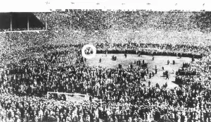 A policeman on a white horse tries to control crowds which came on to the pitch before A policeman on a white horse tries to control crowds which came on to the pitch before