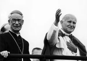 Pope John Paul II accompanied by Bishop, blesses congregation at Mass, Heaton Park Pope John Paul II accompanied by Bishop, blesses congregation at Mass, Heaton Park