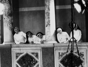 Pope John Paul II visits Britain May 1982 Nuns look down from a balcony as Pope John Paul II visits Britain May 1982 Nuns look down from a balcony as