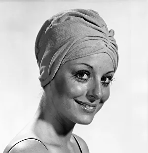 Portrait of a woman wearing a swimming hat. October 1970 P017603 Portrait of a woman wearing a swimming hat. October 1970 P017603