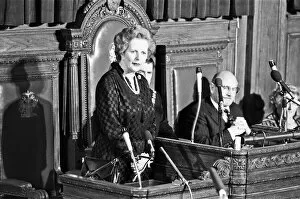 Prime Minister Margaret Thatcher addressing the General Election count at Hendon Town