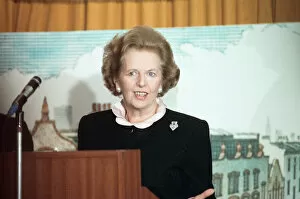 Prime Minister Margaret Thatcher delivers a speech shortly after hearing about