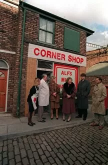 Prime Minister Margaret Thatcher at Granada TV on the Coronation Street set with some of