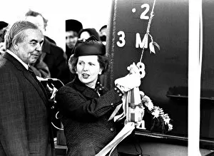 Prime Minister Margaret Thatcher at the launch of the SD14 cargo ship United Effort at
