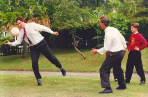 Prime Minister Tony Blair and ex FIFA football referee George Courtney play football at Prime Minister Tony Blair and ex FIFA football referee George Courtney play football at
