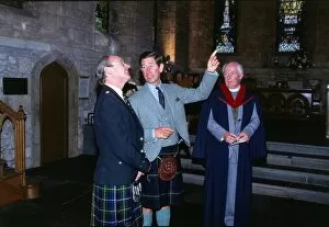 Prince Charles Prince of Wales October 1989 pointing to the roof in a church in Dundee