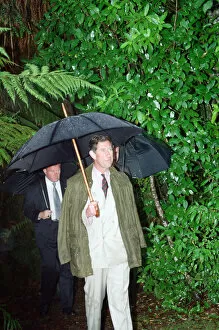 Images Dated 9th February 1994: Prince Charles in the rain on the Kahikatea Walk, Lake Kaniere conservation area