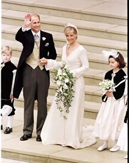 Prince Edward and his new bride Sophie Rhys Jones 1999 after their wedding stand Prince Edward and his new bride Sophie Rhys Jones 1999 after their wedding stand
