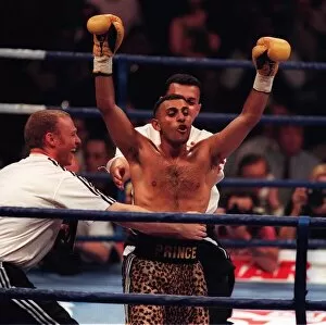 Images Dated 19th July 1997: Prince Naseem Hamed celebrates winning fight July 1997 Juan Cabrera was given a standing