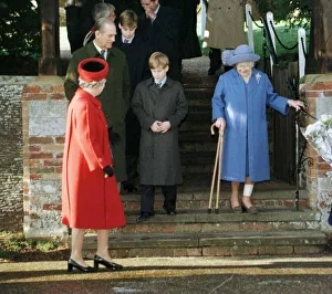 Prince Philip and the Queen watch as the Queen Mother walks down steps at Sandringham Prince Philip and the Queen watch as the Queen Mother walks down steps at Sandringham