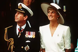 The Prince and Princess of Wales watch a flypast during the Gulf War celebrations at The Prince and Princess of Wales watch a flypast during the Gulf War celebrations at