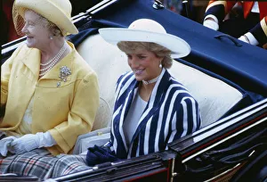Princess Diana Princess of Wales sitting in a coach at Ascot racecourse with the Queen Princess Diana Princess of Wales sitting in a coach at Ascot racecourse with the Queen