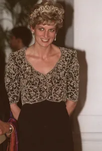 Princess Diana during a visit to India black dress with embroidered bodice tiara Princess Diana during a visit to India black dress with embroidered bodice tiara