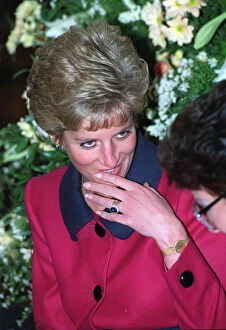 Images Dated 1st October 1990: PRINCESS DIANA WEARING RED AND NAVY BLUE DRESS - F / L, SEATED - DECEMBER 1990