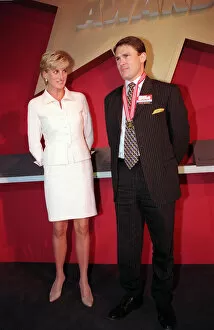 Images Dated 19th March 1997: PRINCESS DIANA, WEARING WHITE SUIT, AND CHRIS MOON AT THE DAILY STAR GOLD AWARDS
