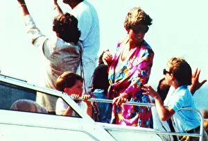 Images Dated 7th August 1991: Princess Diana with their two young sons Prince Harry and Prince William on board an