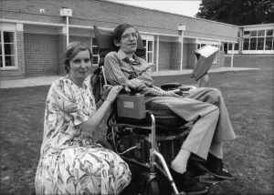 Professor Stephen Hawking of Cambridge University with Aileen Webber Professor Stephen Hawking of Cambridge University with Aileen Webber