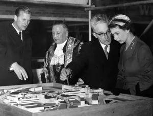 The Queen and Duke inspect a model layout of the city of Coventry. 23rd March 1956 The Queen and Duke inspect a model layout of the city of Coventry. 23rd March 1956