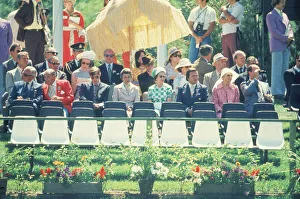Queen Elizabeth II (4th from the right in the green and white outfit Queen Elizabeth II (4th from the right in the green and white outfit